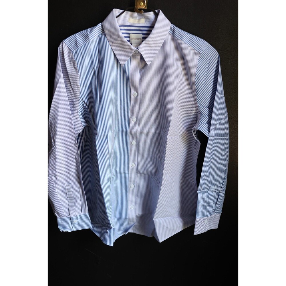 NWT Chicos Womens Long Sleeve Shirt Blue White Striped Button Up No Iron 0.5